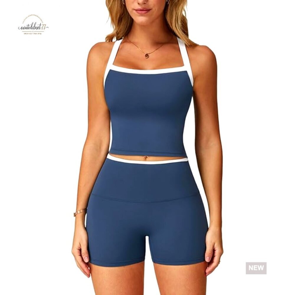 2-Piece Workout Set with Cross Back Tank & High Waist Shorts, Size Small